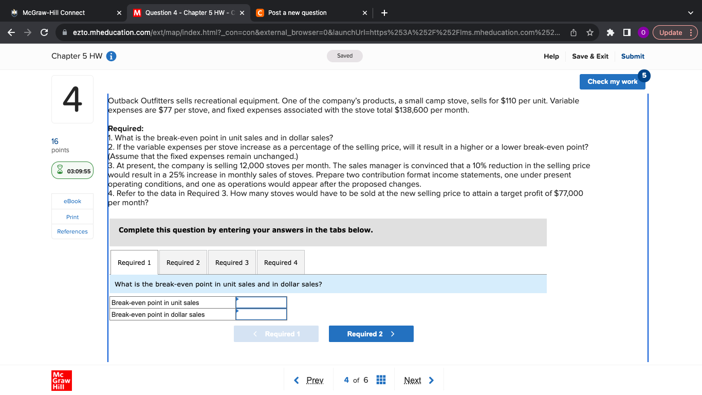 McGraw-Hill Connect C + M Question 4 - Chapter 5 HW-C X