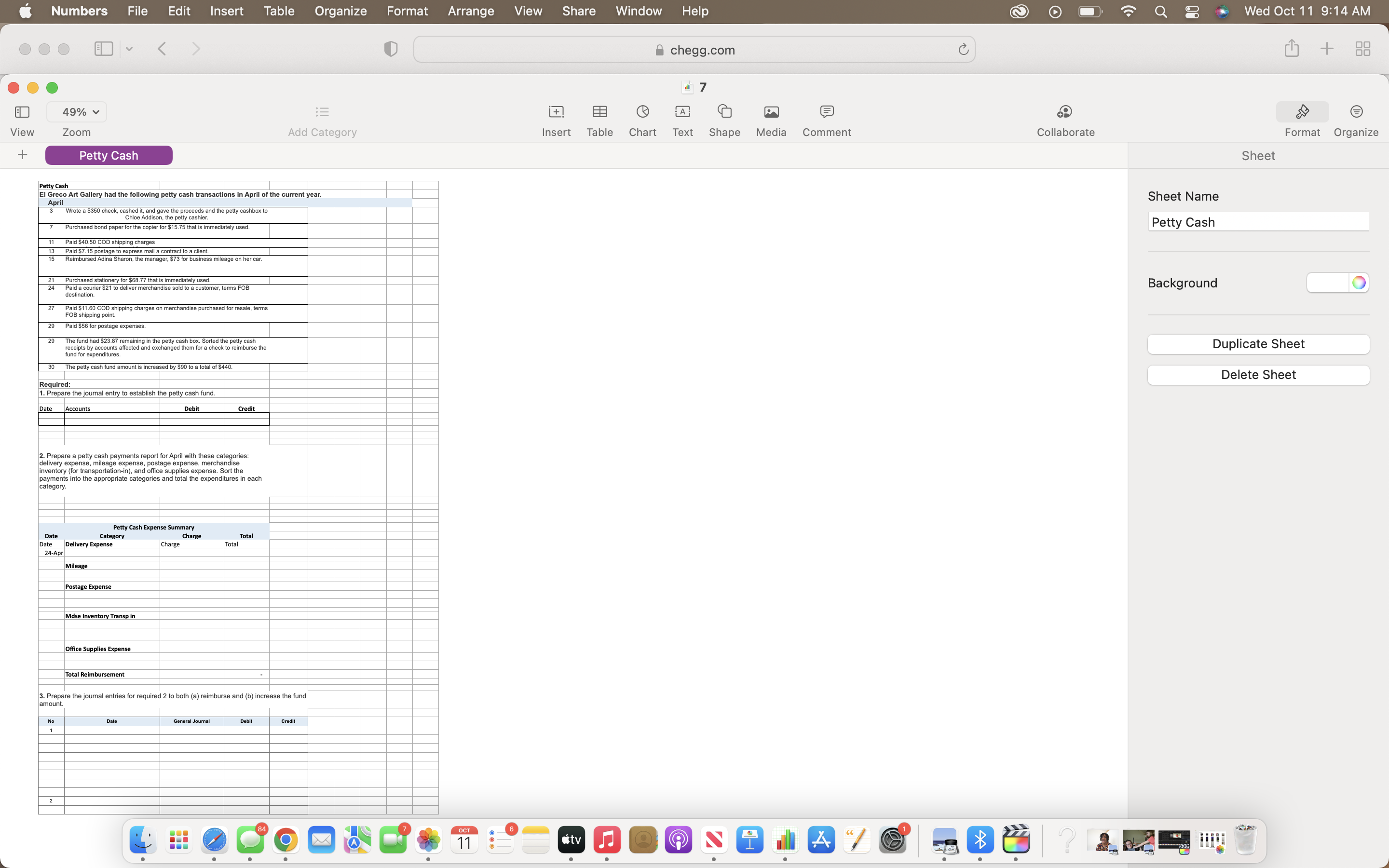 Numbers File Edit Insert < > View + 49% Zoom Petty Cash