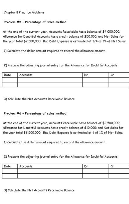 Chapter 8 Practice Problems Problem #5 - Percentage of sales method At