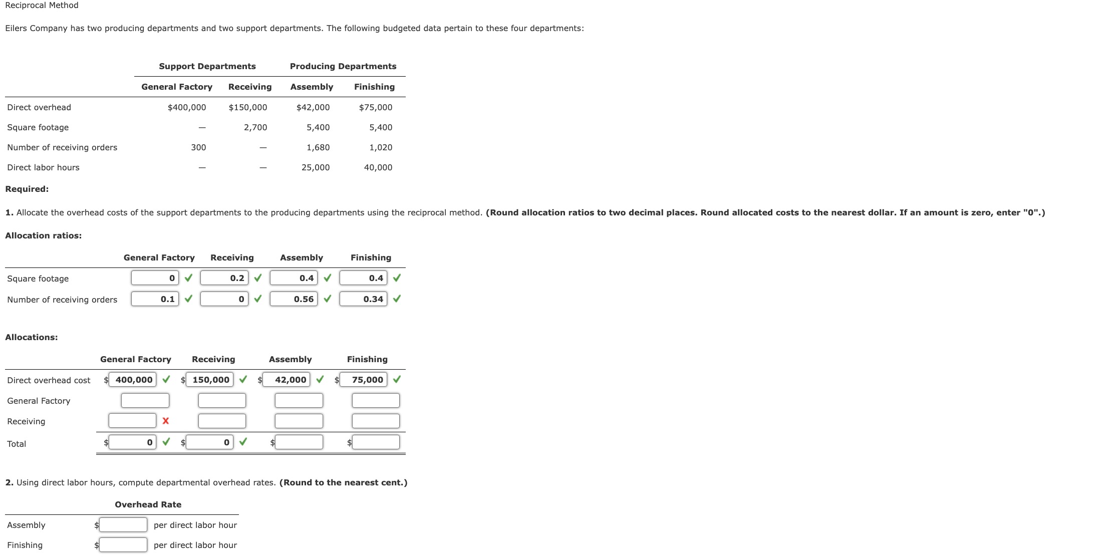 Reciprocal Method Eilers Company has two producing departments and two support departments.