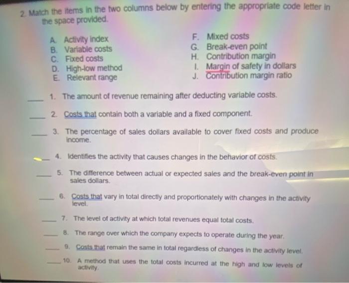 2. Match the items in the two columns below by entering the