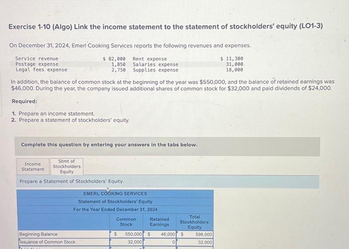 Exercise 1-10 (Algo) Link the income statement to the statement of stockholders'