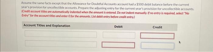 Assume the same facts except that the Allowance for Doubtful Accounts account