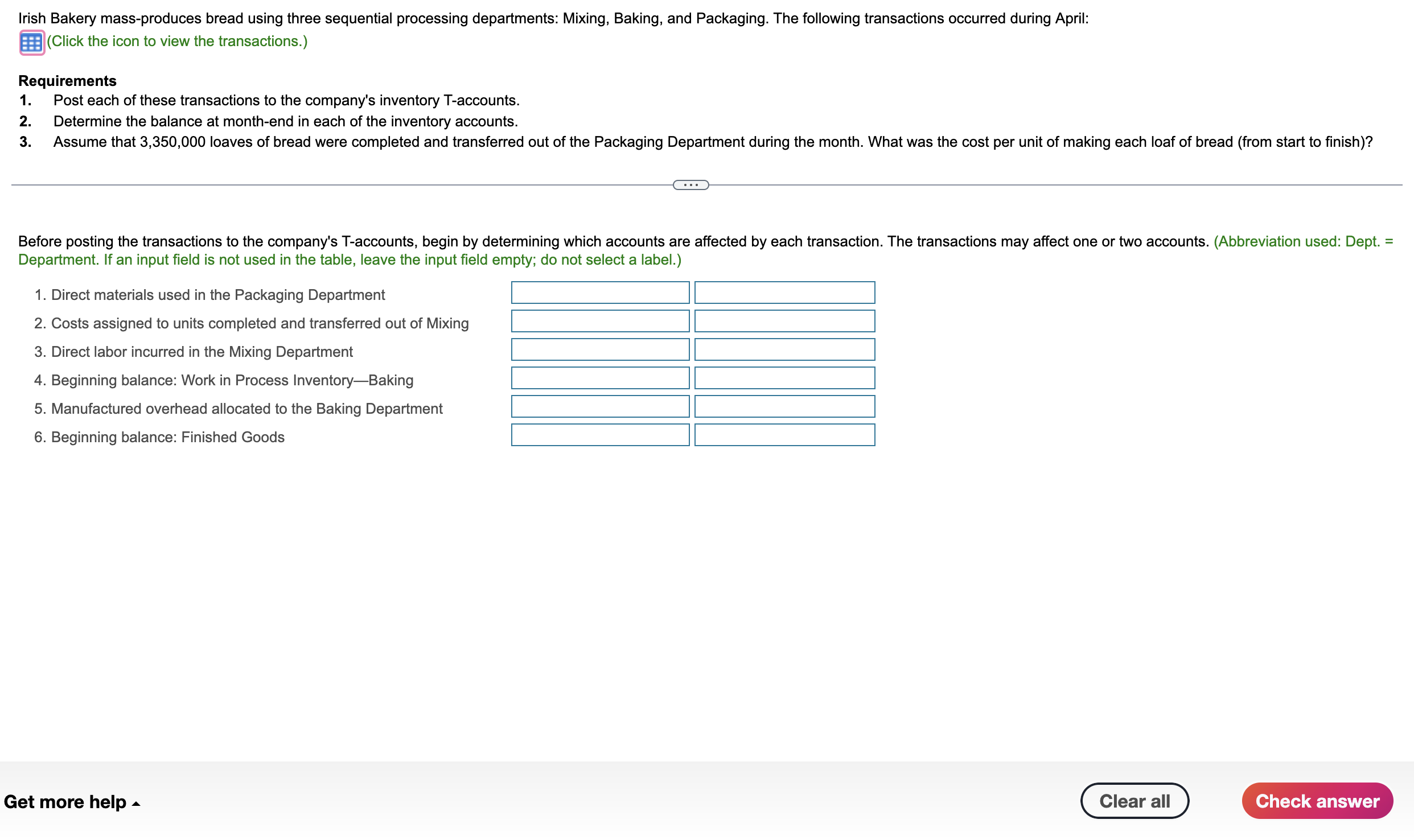 Irish Bakery mass-produces bread using three sequential processing departments: Mixing, Baking, and