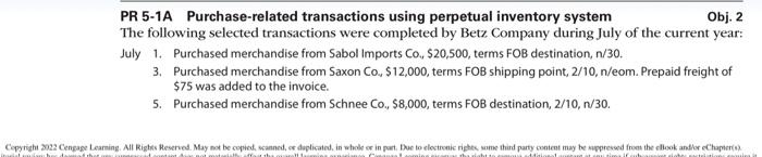 Obj. 2 PR 5-1A Purchase-related transactions using perpetual inventory system The following