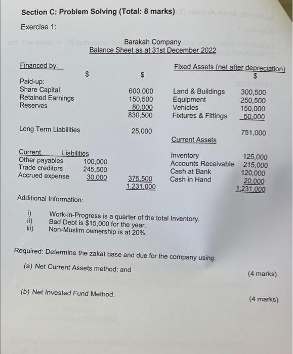 Section C: Problem Solving (Total: 8 marks))awenA nor Exercise 1: Barakah Company