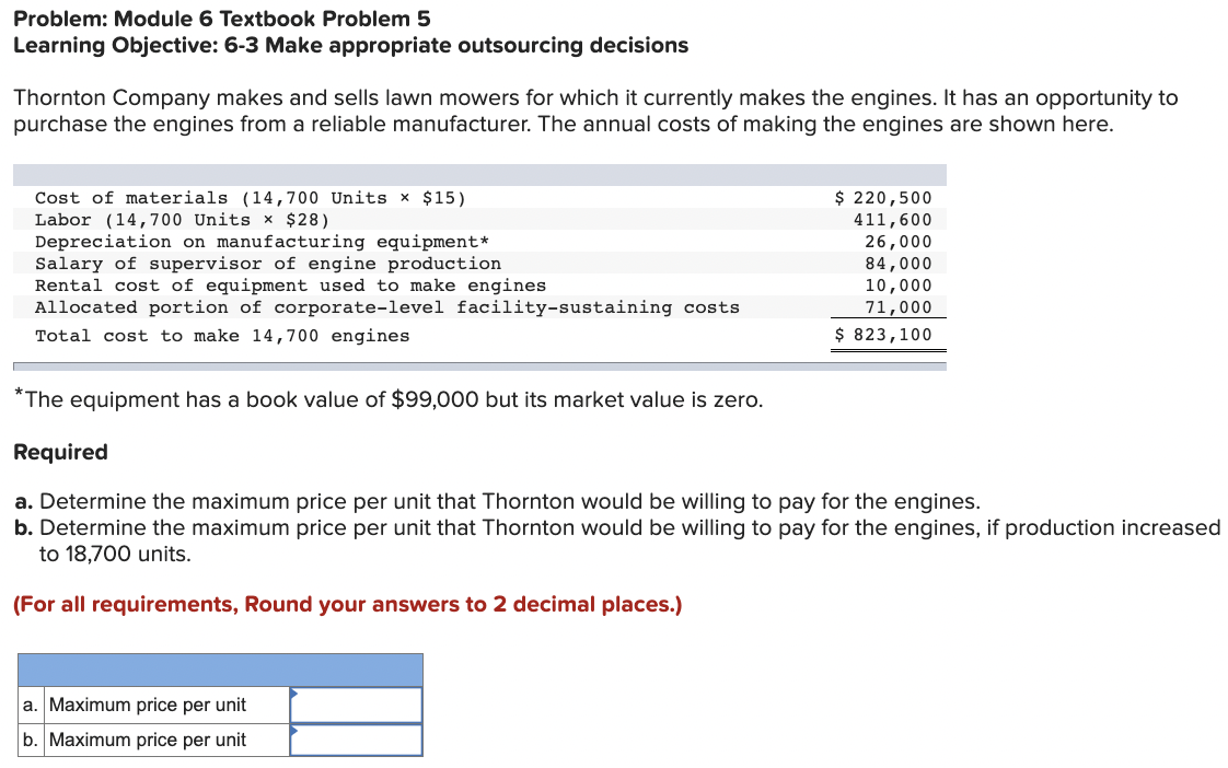 Problem: Module 6 Textbook Problem 5 Learning Objective: 6-3 Make appropriate outsourcing