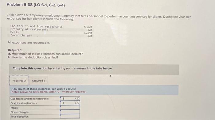 Problem 6-38 (LO 6-1, 6-2, 6-4) Jackie owns a temporary employment agency