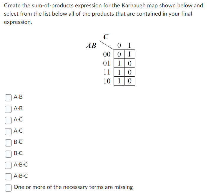 Create the sum-of-products expression for the Karnaugh map shown below and select