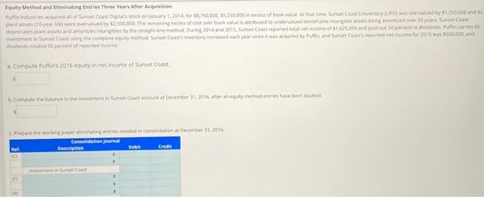Equity Method and Eliminating Entries Three Years After Acquisition Puffin industries acquired