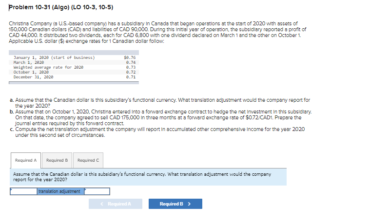 Problem 10-31 (Algo) (LO 10-3, 10-5) Christina Company (a U.S.-based company) has