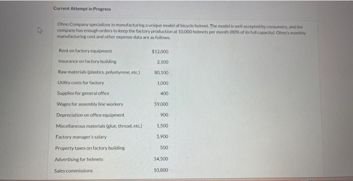 Current Attempt in Progress Ohno Company specializes in manufacturing a unique model