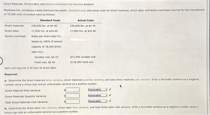 Direct Materials, Direct Labor, and Factory Overhead Cost Variance Analysis Mackinaw Inc,