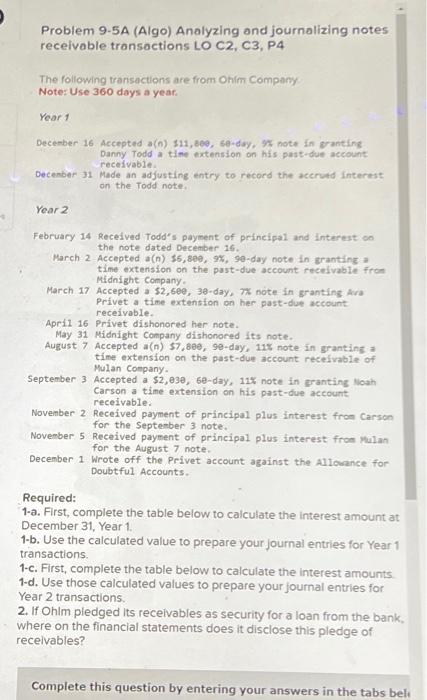 Problem 9-5A (Algo) Analyzing and journalizing notes receivable transactions LO C2, C3,