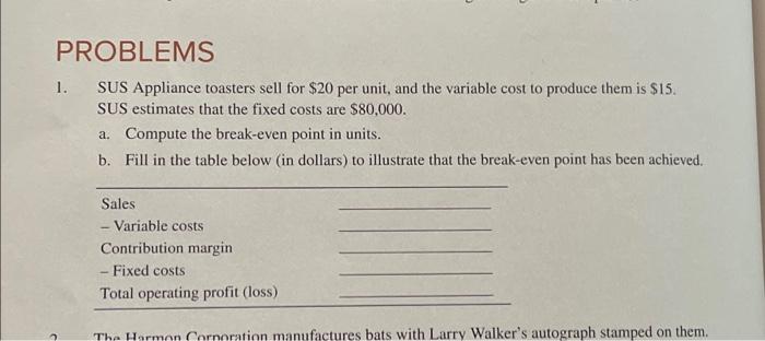 PROBLEMS 1. SUS Appliance toasters sell for $20 per unit, and the