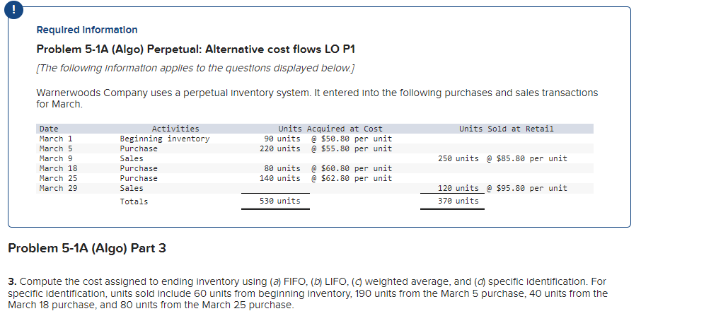 ! Required Information Problem 5-1A (Algo) Perpetual: Alternative cost flows LO P1