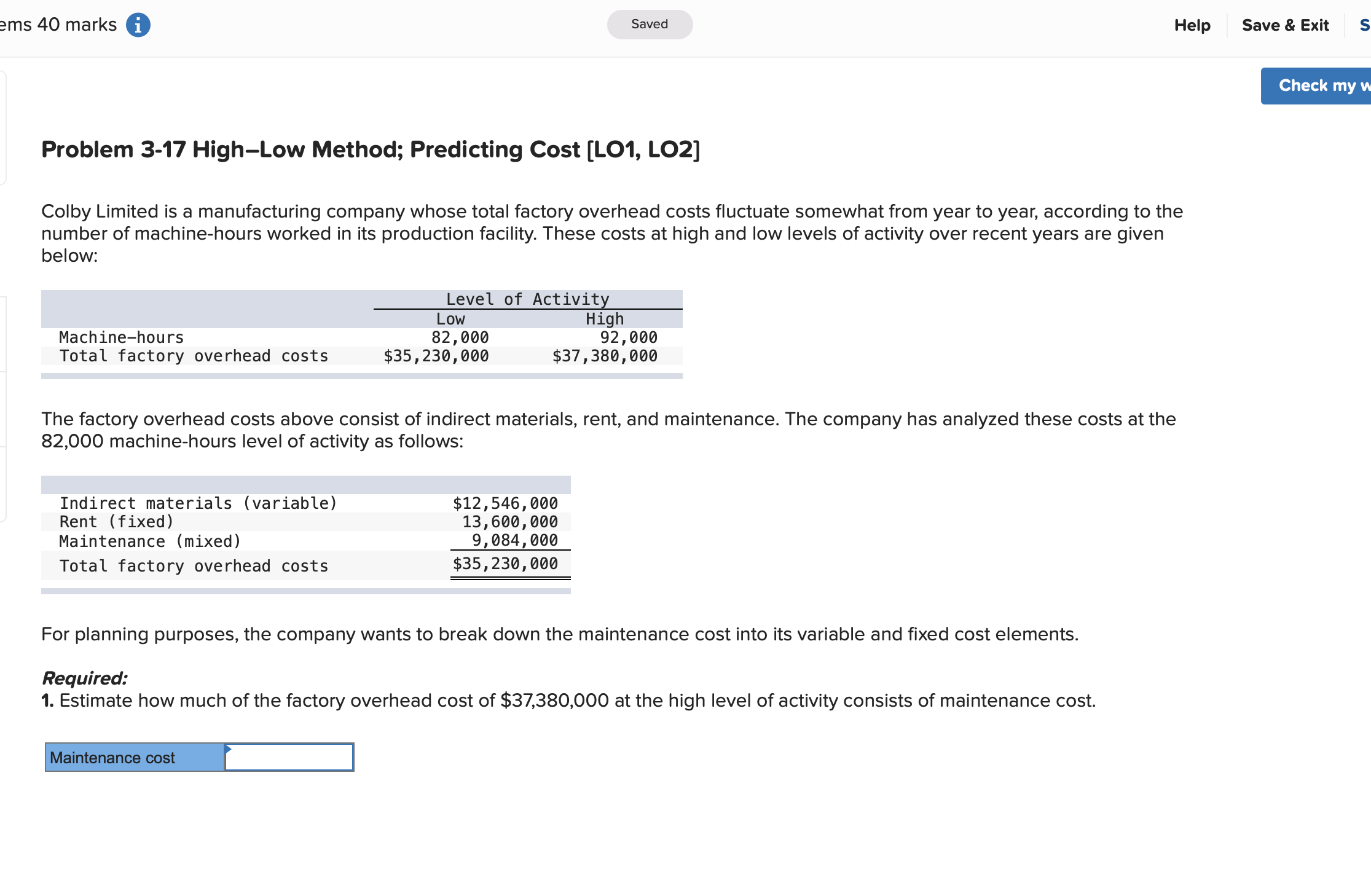 ems 40 marks Saved Help Save & Exit S Problem 3-17 High-Low