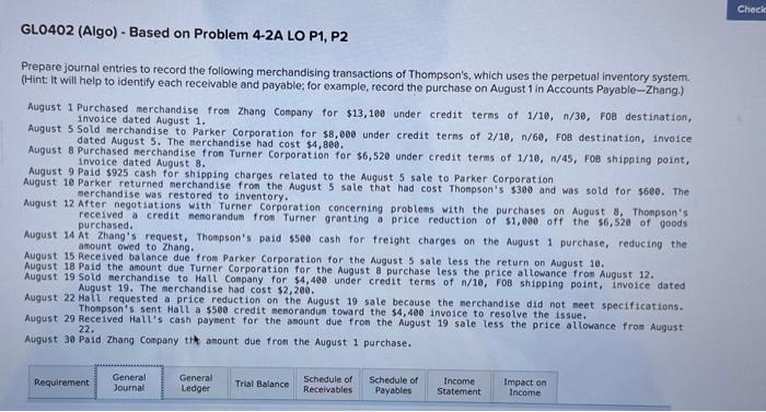 GL0402 (Algo) - Based on Problem 4-2A LO P1, P2 Prepare journal