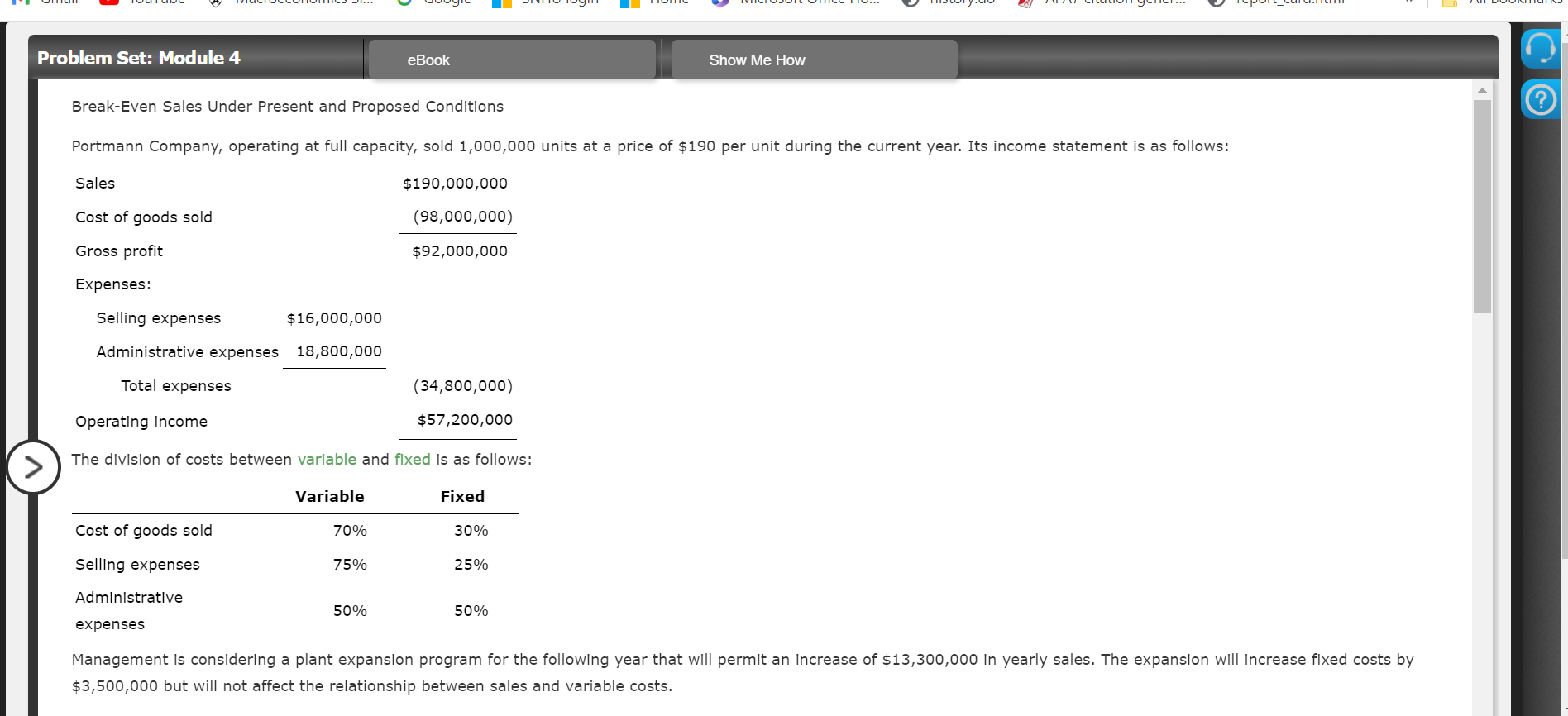 Problem Set: Module 4 eBook Show Me How Break-Even Sales Under Present