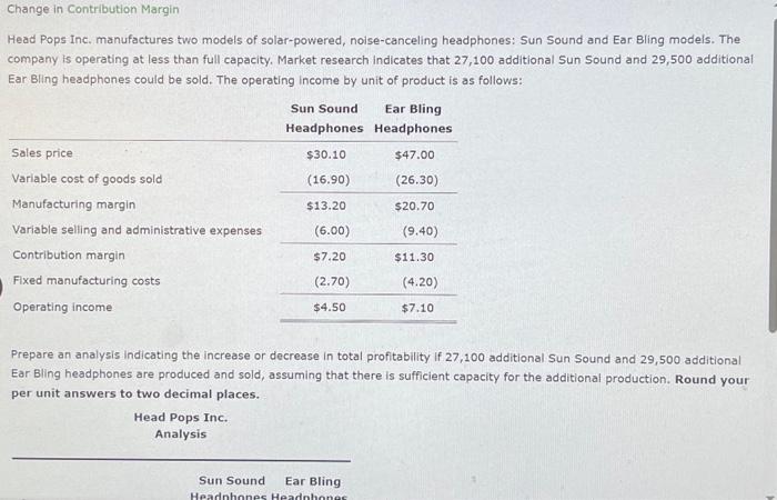 Change in Contribution Margin Head Pops Inc. manufactures two models of solar-powered,