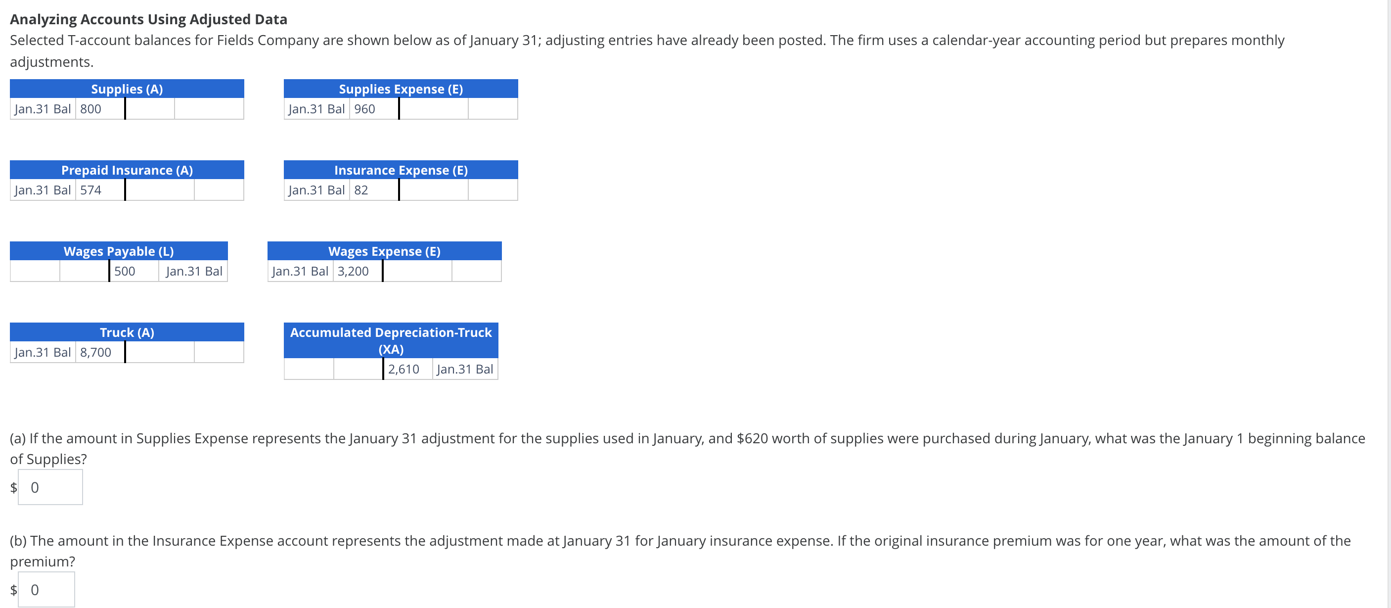 Analyzing Accounts Using Adjusted Data Selected T-account balances for Fields Company are