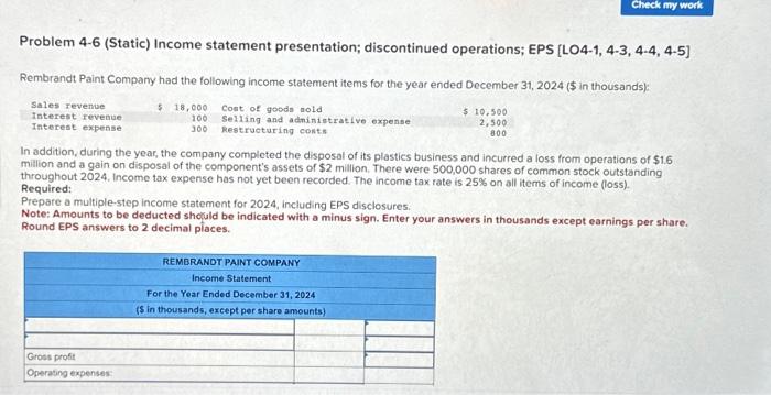 Check my work Problem 4-6 (Static) Income statement presentation; discontinued operations; EPS