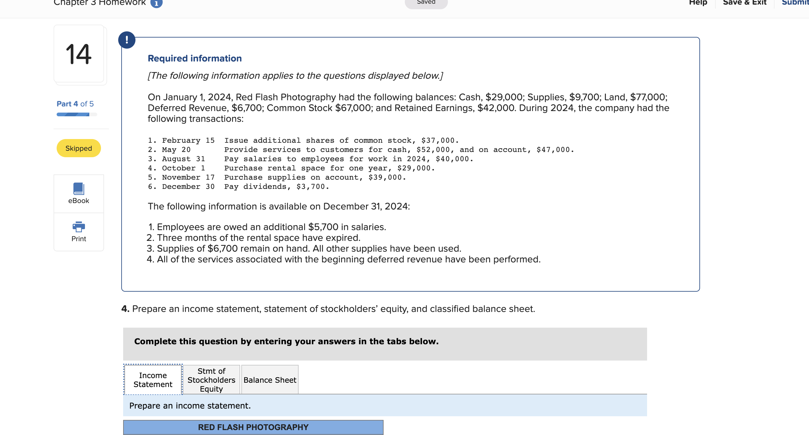 Chapter 3 Homework ! 14 1 Required information Saved [The following information