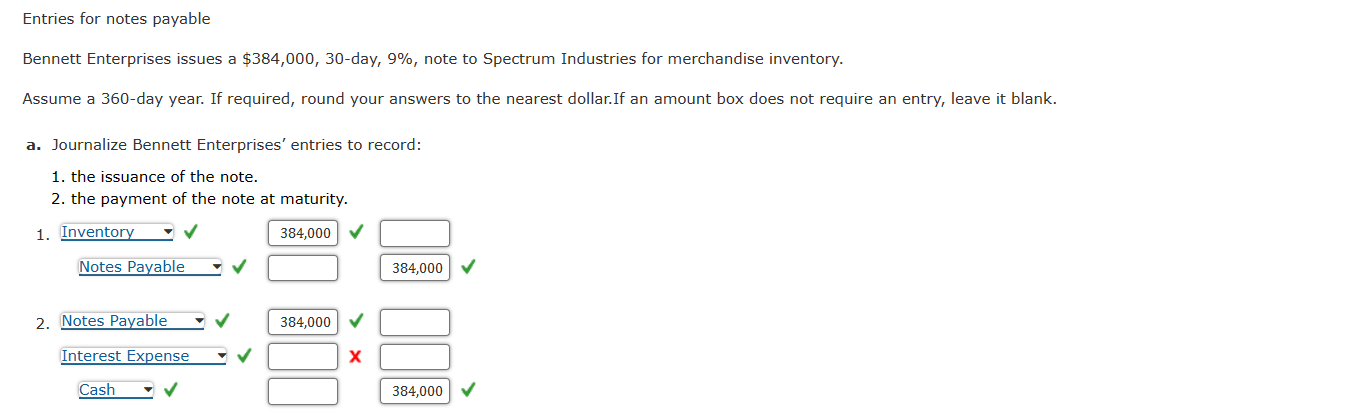 Entries for notes payable Bennett Enterprises issues a $384,000, 30-day, 9%, note