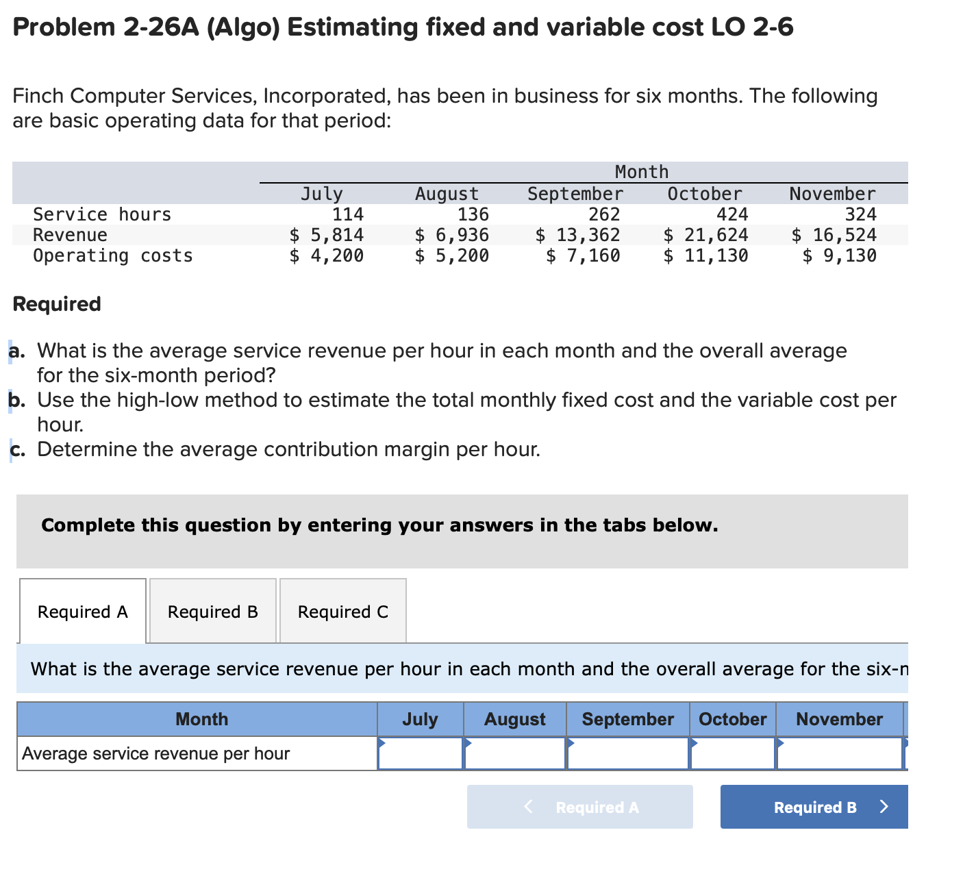 Problem 2-26A (Algo) Estimating fixed and variable cost LO 2-6 Finch Computer