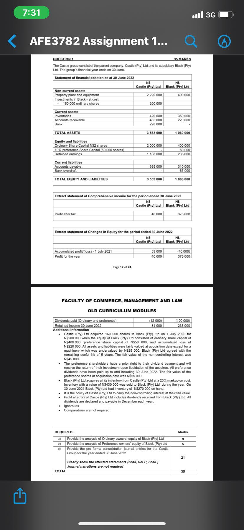 7:31 AFE3782 Assignment 1... QUESTION 1 35 MARKS The Castle group consist