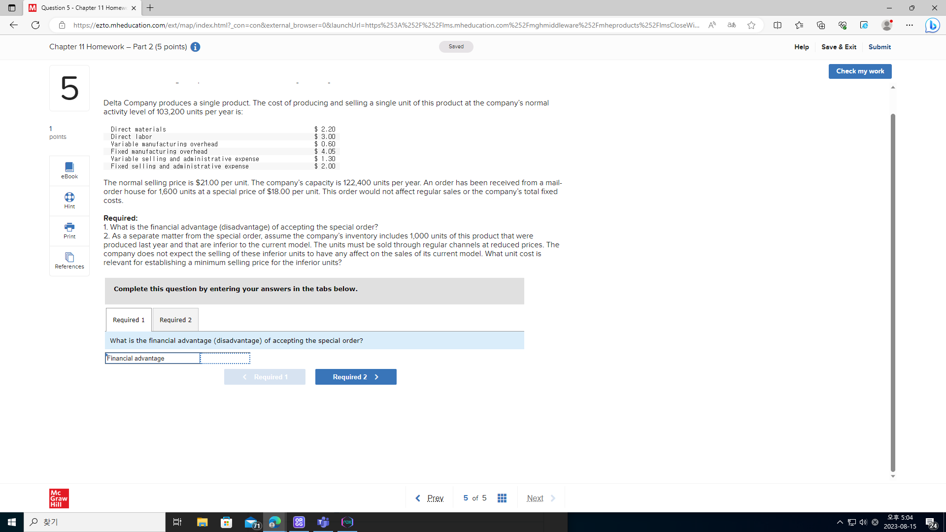 M Question 5 - Chapter 11 Homewo X 8 + https://ezto.mheducation.com/ext/map/index.html?_con=con&external_browser=0&launchUrl=https%253A%252F%252Flms.mheducation.com%252Fmghmiddleware%252Fmheproducts%252FlmsClose Wi...