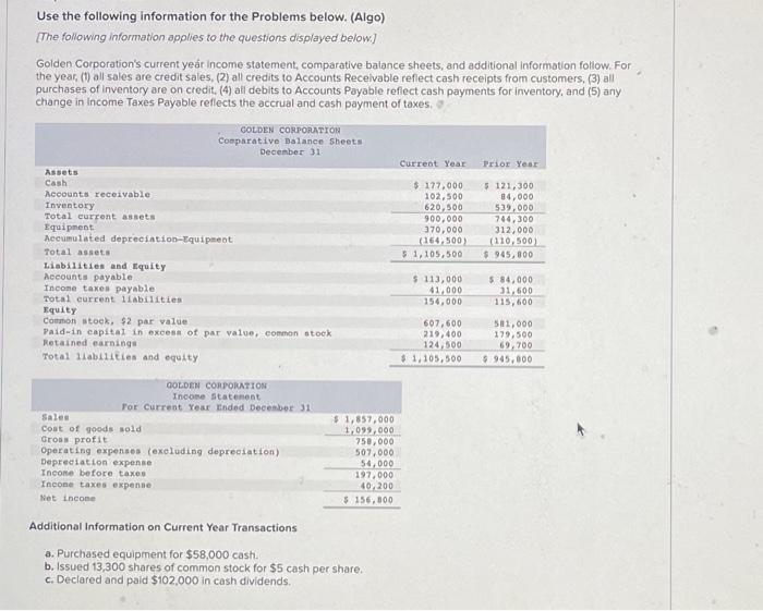 Use the following information for the Problems below. (Algo) [The following information