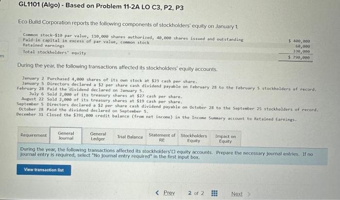 GL1101 (Algo) Based on Problem 11-2A LO C3, P2, P3 Eco Build