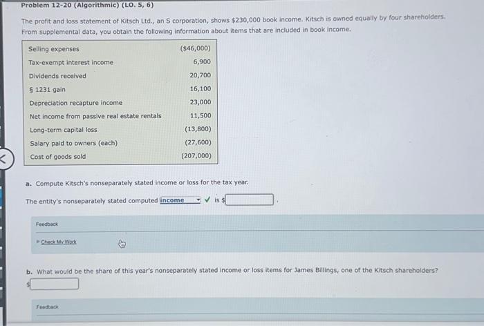 Problem 12-20 (Algorithmic) (LO. 5, 6) The profit and loss statement of