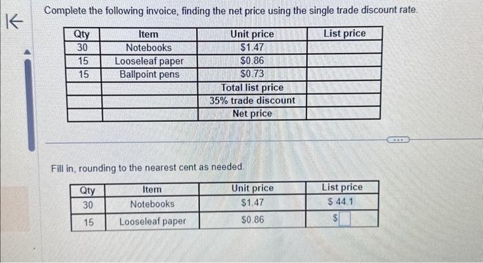 K Complete the following invoice, finding the net price using the single