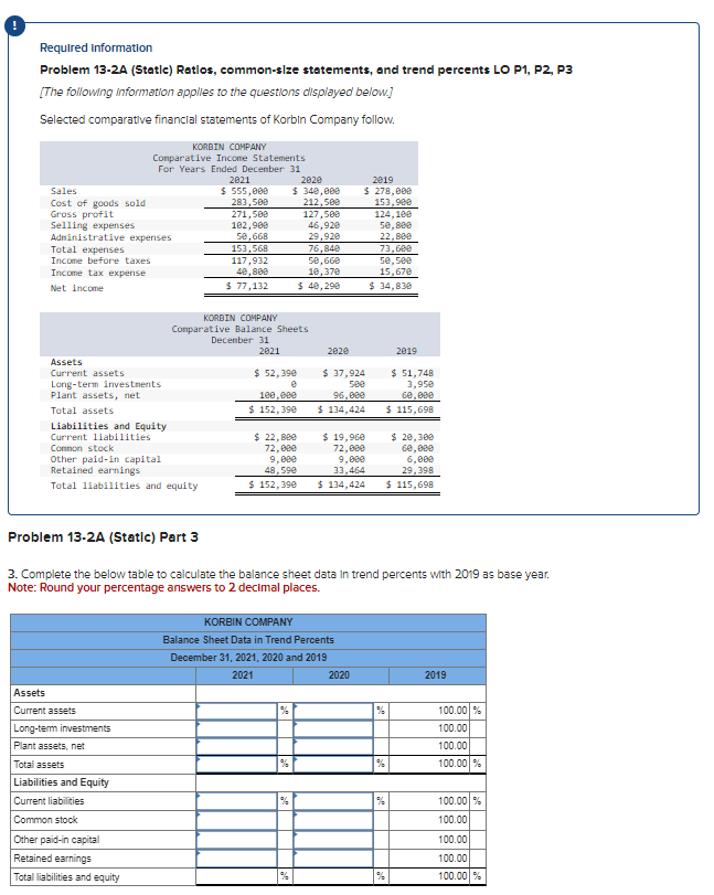 Required information Problem 13-2A (Static) Ratios, common-size statements, and trend percents LO