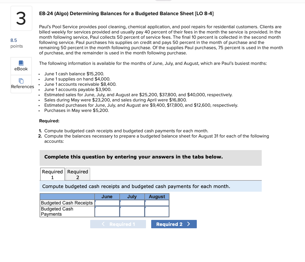8.5 3 points eBook References E8-24 (Algo) Determining Balances for a Budgeted