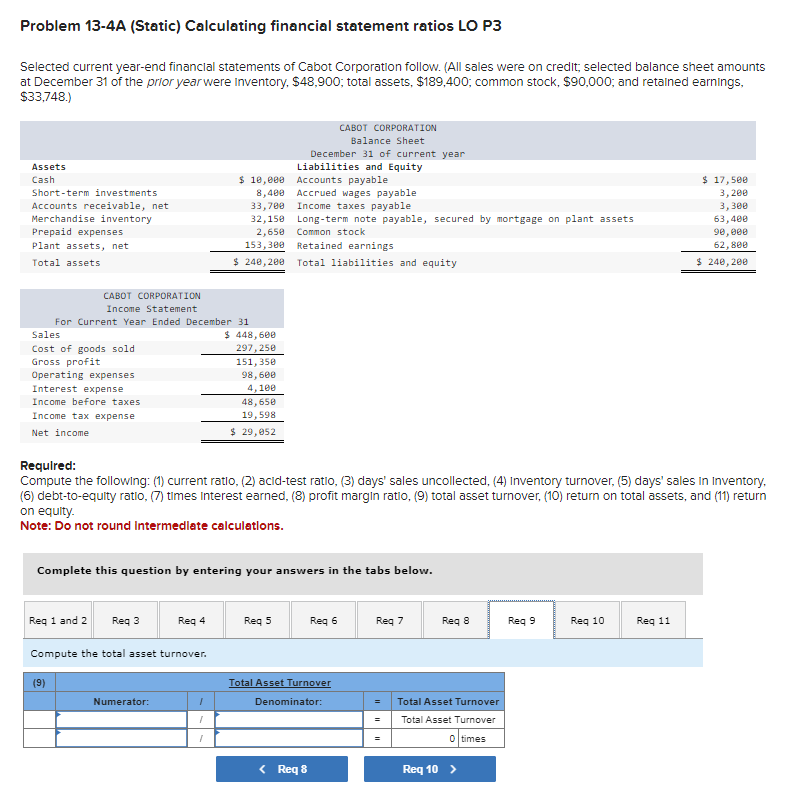 Problem 13-4A (Static) Calculating financial statement ratios LO P3 Selected current year-end