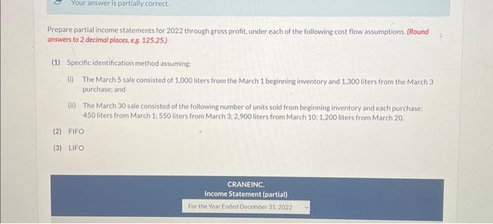 March 1 Beginning inventory 2,100 liters at a cost of 50 per