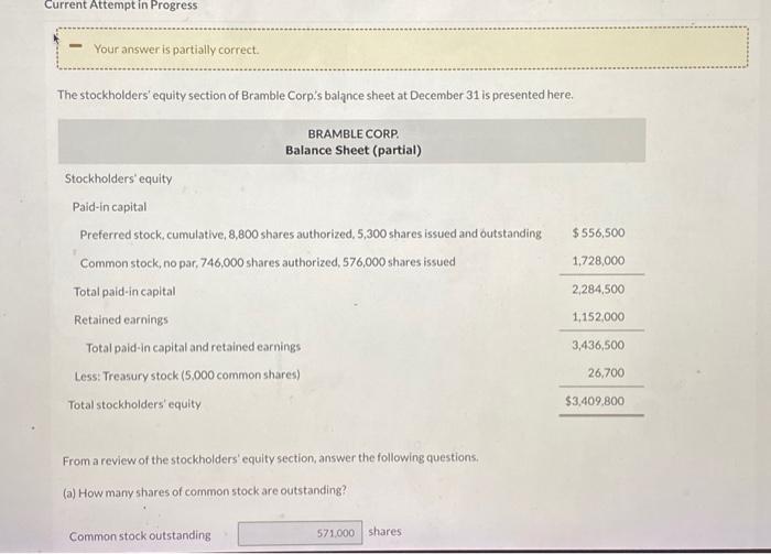 Current Attempt in Progress Your answer is partially correct. The stockholders' equity