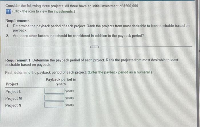 Consider the following three projects. All three have an initial investment of