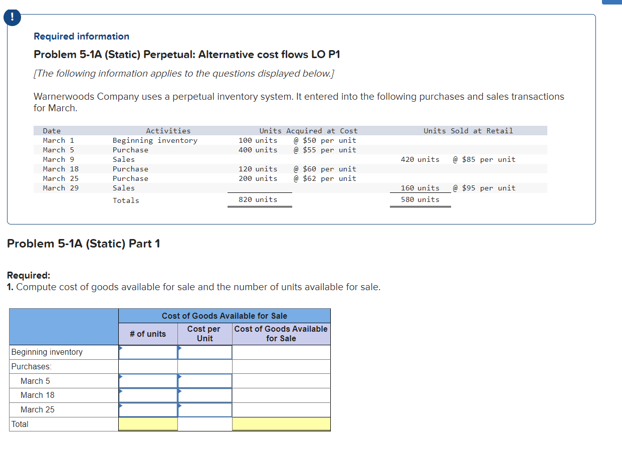 ! Required information Problem 5-1A (Static) Perpetual: Alternative cost flows LO P1