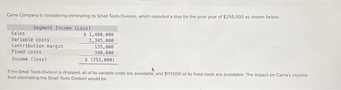 Carns Company is considering eliminating its Small Tools Division, which reported a