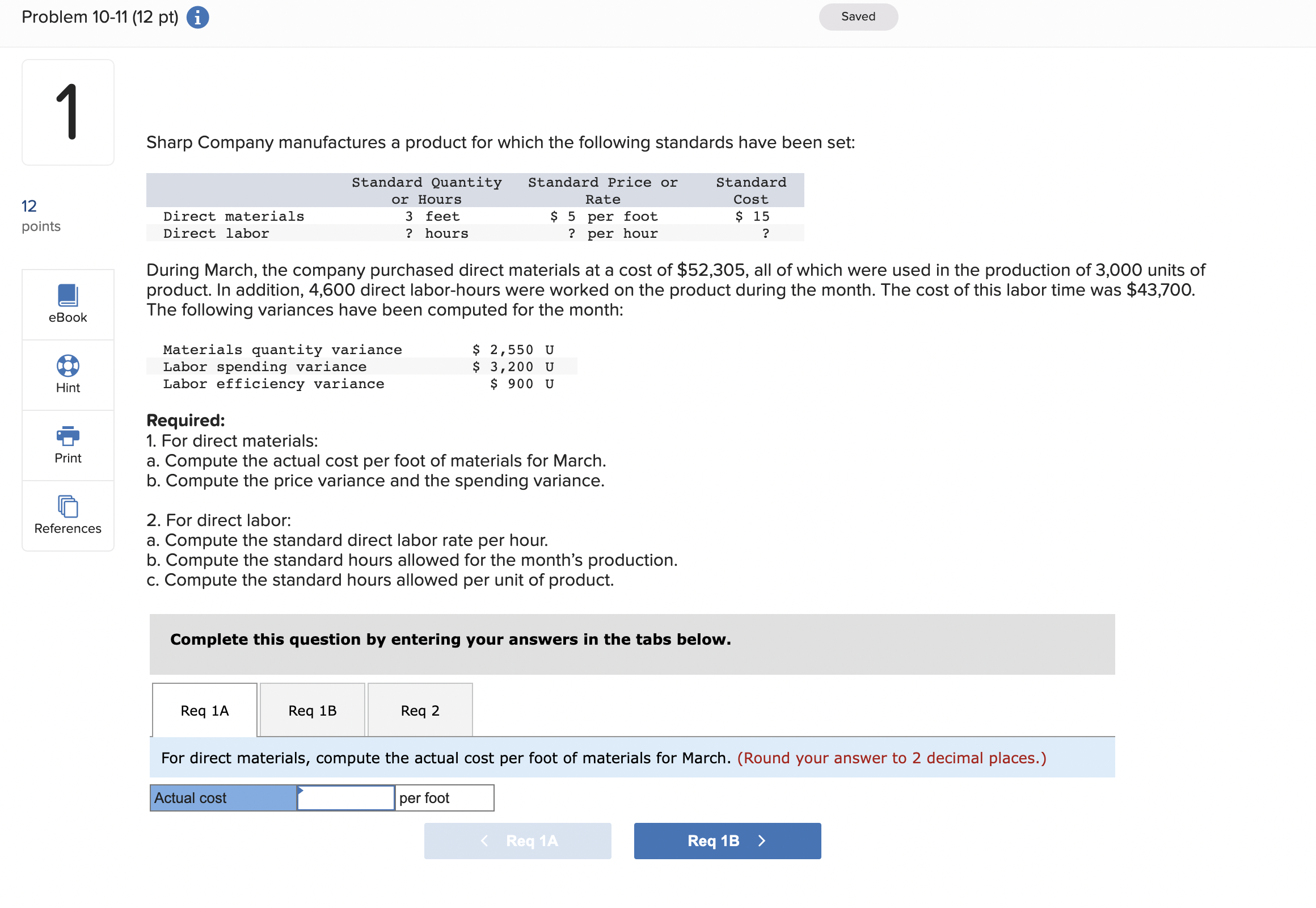 Problem 10-11 (12 pt) i 1 Saved Sharp Company manufactures a product