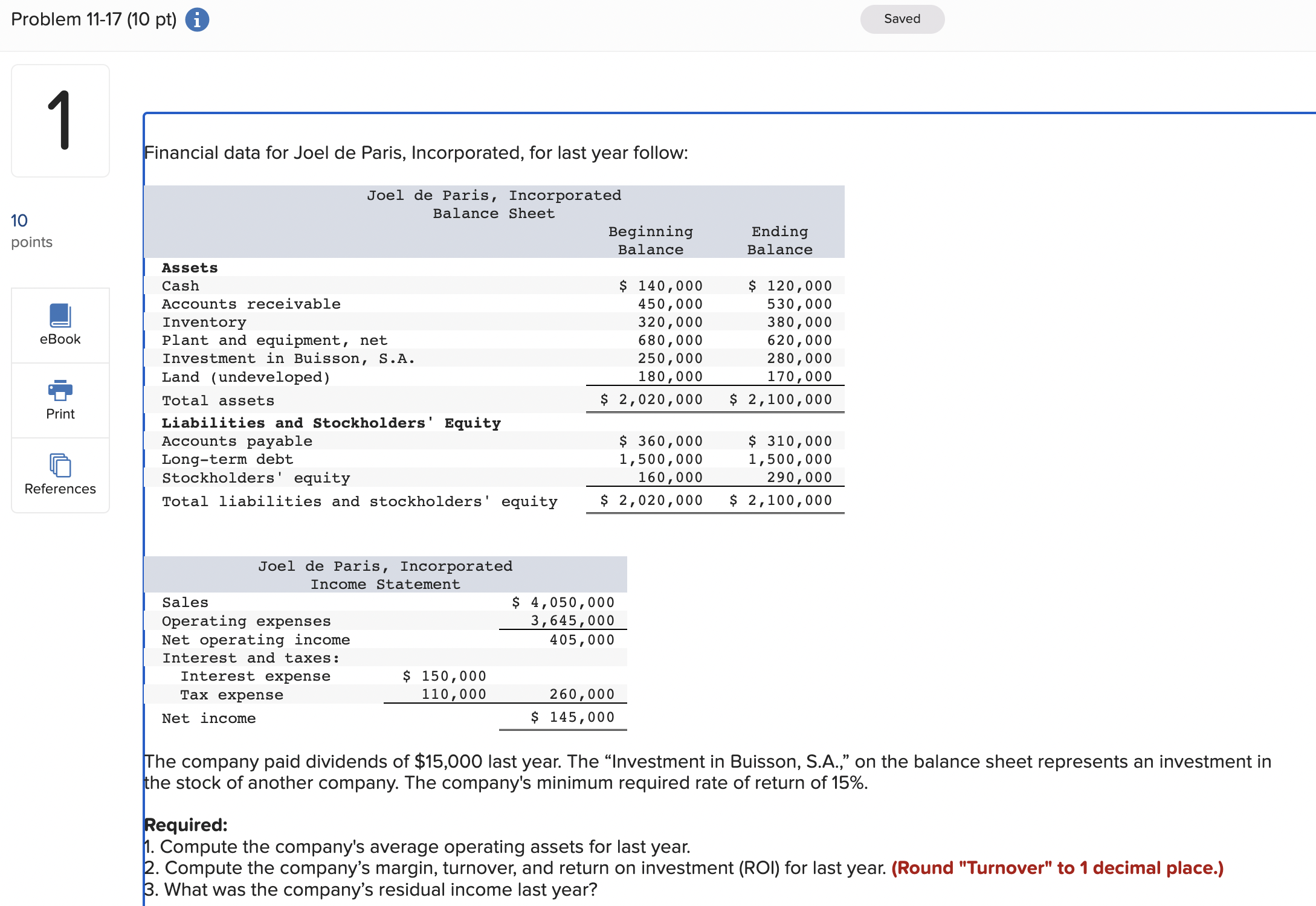 Problem 11-17 (10 pt) i 1 Financial data for Joel de Paris,