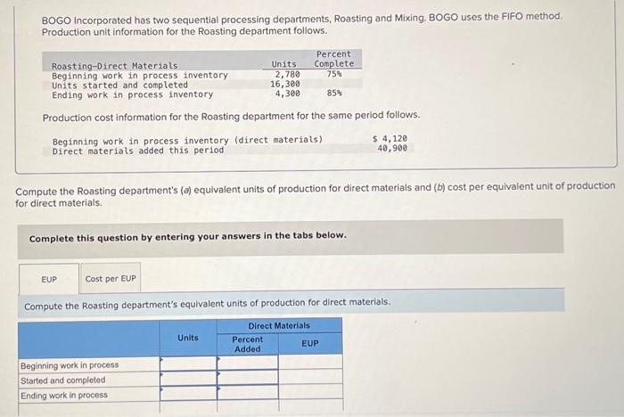 BOGO Incorporated has two sequential processing departments, Roasting and Mixing. BOGO uses