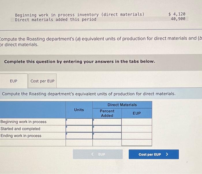 the FIFO method. Production unit information for the Roasting department follows. Percent