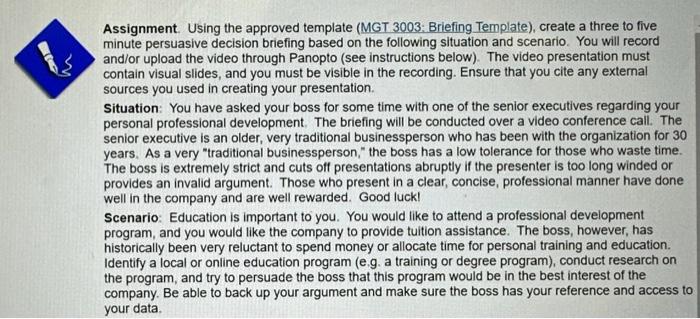 m Assignment. Using the approved template (MGT 3003: Briefing Template), create a