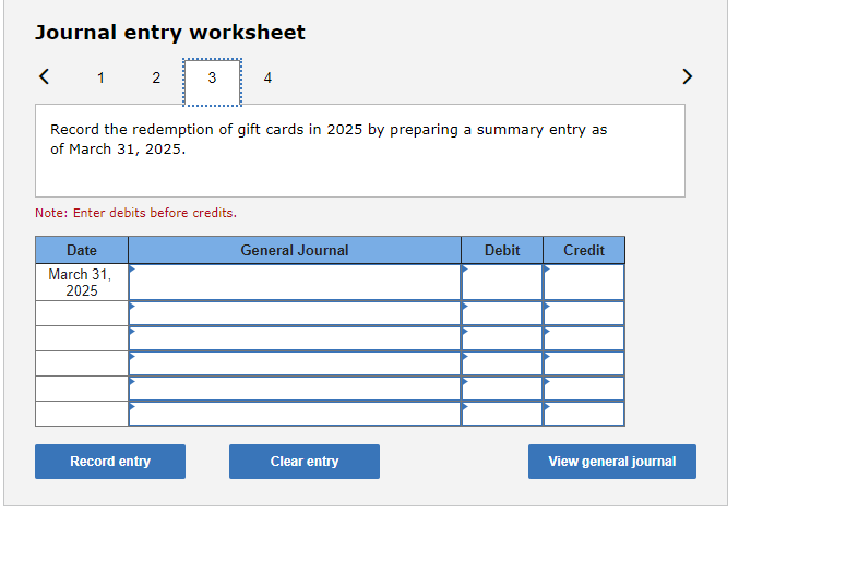 cards on April 1, 2025. Note: Enter debits before credits. Date April