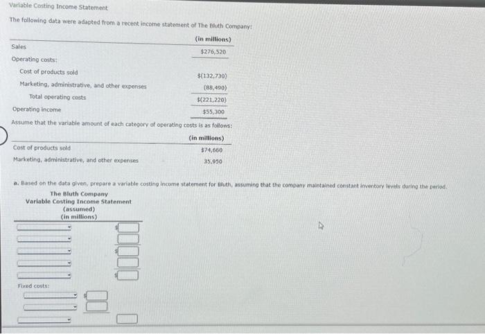 Variable Costing Income Statement The following data were adapted from a recent